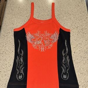 Vance Bikerwear. rhinestone angel wing &  flame  orange  Tank top